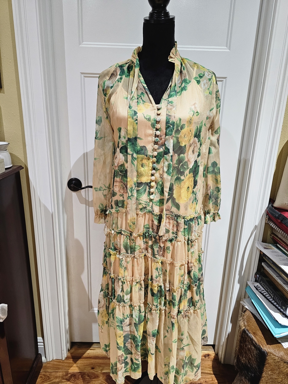 Cream Floral Long-Sleeve Tiered Dress with Green & Yellow Print
